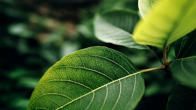 Close up of a vibrant green leaf with intricate vein patterns.