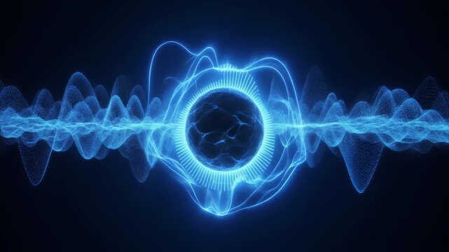 Glowing blue sphere at center with symmetrical oscillating sine waveforms surrounding it, dark background emphasizing luminous energy and quantum wave representation.