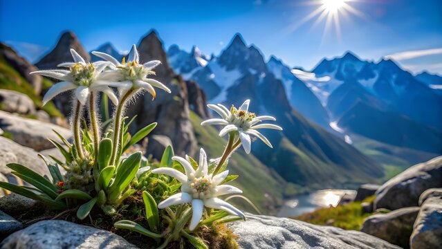 White edelweiss flowers growing on alpine rocks, snow-capped mountains in background, clear blue sky, dramatic high-altitude lighting, detailed fuzzy petals, cinematic wide shot