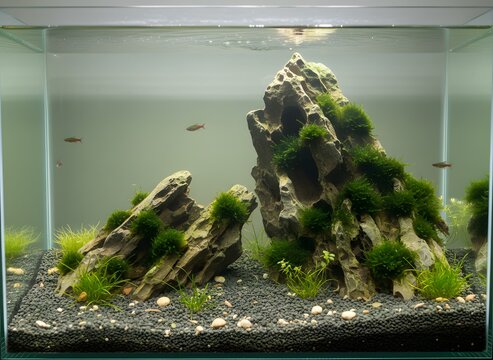 Freshwater aquarium with natural aquascape featuring moss-covered rocks, aquatic plants, and schooling small fish in a clear glass tank.