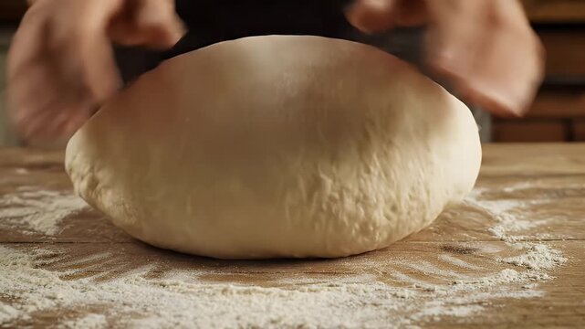 Hands kneading a mound of dough on a flour-dusted wooden surface