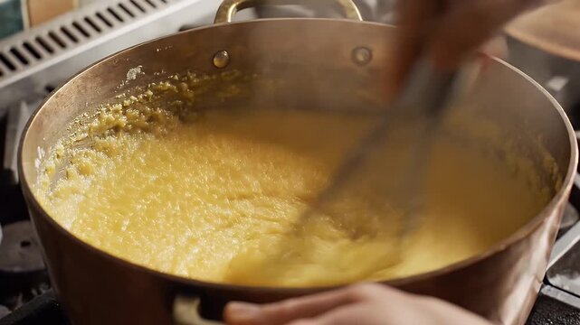 Whisking creamy yellow polenta in a copper pot on a stove