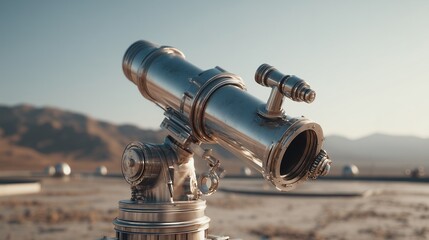 Telescope stands on barren land under bright sky with mountains in background during clear day