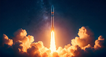 Fototapeta premium Powerful Rocket Blasting Off into the Night Sky, Igniting the Darkness with a Fiery Ascent Towards Space and Exploration