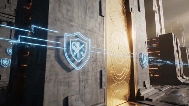 Futuristic security system with glowing blue shield logo on a concrete wall in a modern high-tech facility with metallic accents.