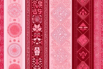 Pink and Red Geometric Pixel Pattern with Vertical Band Designs and Floral Elements on White Background
