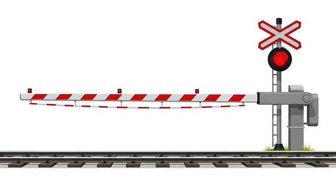 Railway crossing barrier lowered with red signal and warning sign near train tracks
