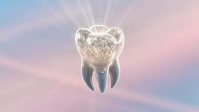Sparkling Tooth with Radiant Light Rays on Soft Gradient Sky