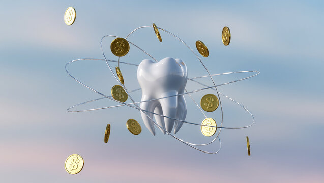 White Tooth Surrounded by Spinning Dollar Coins on Clear Sky