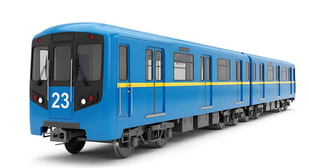 Fototapeta premium Modern subway train with blue exterior and yellow stripe on a white background viewed from the front left side