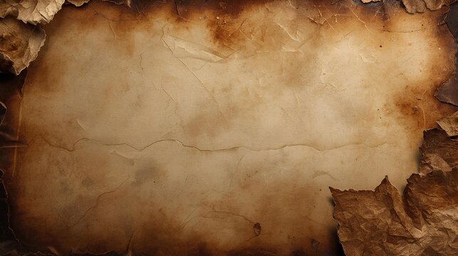 Vintage background of an old piece of aged parchment paper with scorched and tattered edges