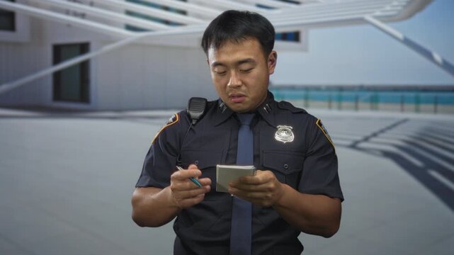 Young chinese policeman jotting notes in a spiral notebook under bright sunlight outside a sleek building entrance, his pen poised above pages; duty focus.