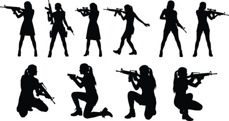 Female silhouette with rifle, tactical stance, combat training, military pose, weapon handling, shooting practice, armed forces, defense illustration, black figure © Enamul