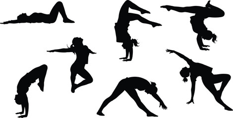 Obraz premium Gymnast silhouette poses, acrobatic movement, handstand flexibility, black vector icons, athletic strength, dance motion, body control, white background, fitness art, dynamic form