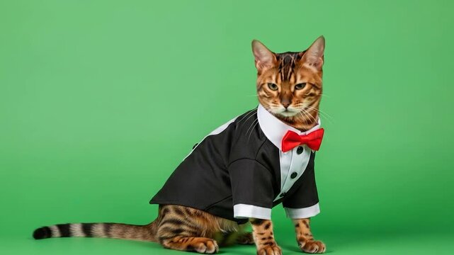 Bengal Cat in tuxedo suit sitting formally on Green Screen