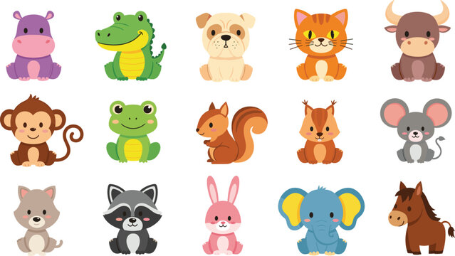Cute Cartoon Animal Vector Icon Set Featuring Hippo Crocodile Dog Cat Bull Monkey Frog Squirrel Mouse Wolf Raccoon Rabbit Elephant and Horse Illustrations