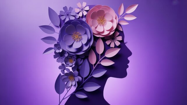 Silhouette of a woman with paper flowers in hair on purple background