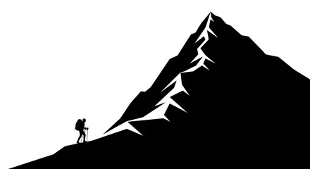 Obraz premium A lone hiker with a backpack climbs a mountain peak, illustration, silhouette, adventure, landscape, from a distance