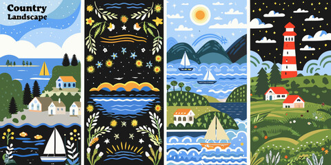 Four vertical panels depict idyllic country landscapes with nautical themes © Delip