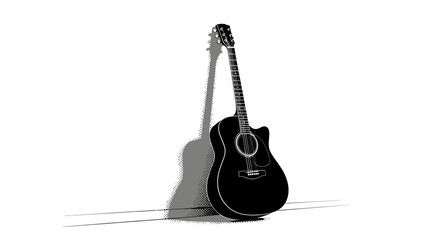 A black acoustic guitar stands upright on a stand viewed from the front in a minimalist white environment © Nasima