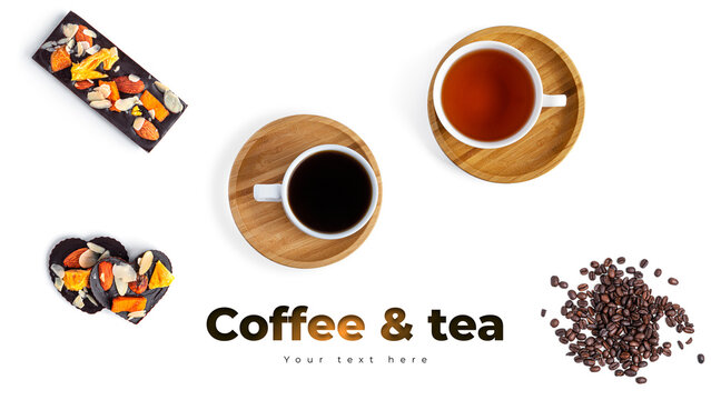 Coffee, tea and raw chocolate on a white background. Long header banner format. Panorama website header banner. High quality photo
