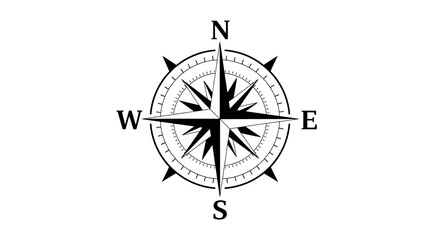 Detailed illustration of a compass on a circular dial with cardinal directions marked, viewed directly from above © Nasima