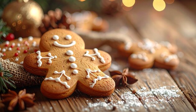 "Stack of gingerbread cookies decorated with icing on rustic wooden surface, pinecones and star anise with blurred Christmas lights creating festive holiday atmosphere"