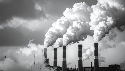 "Row of industrial smokestacks emitting thick plumes of smoke, dramatic black and white composition symbolizing pollution, climate impact, and environmental concerns"