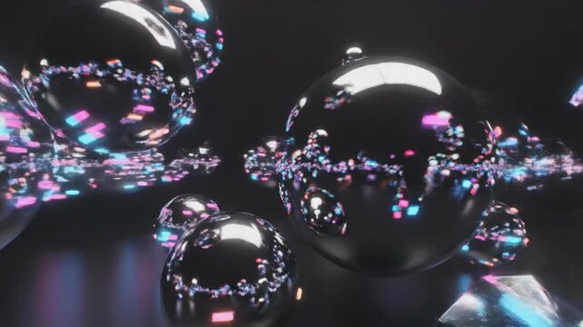 Abstract chrome spheres with neon light reflections, futuristic digital background