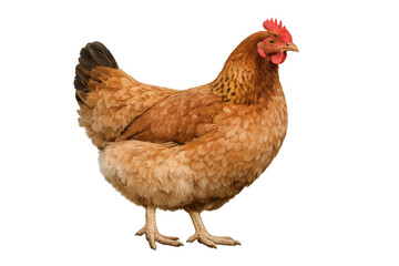 Brown hen standing, a domestic farm animal producing eggs and meat, poultry livestock with rich feathers