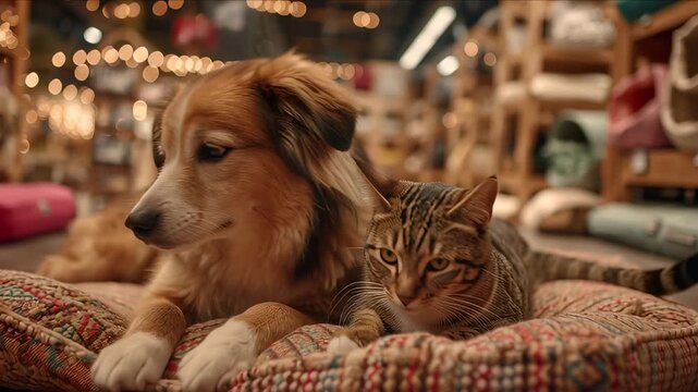 Happy Dog and Cat Friends Lying Together Indoors