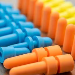 Obraz premium Array of multi-colored foam earplugs for effective hearing protection and noise reduction, ideal for work, travel, and quiet environments
