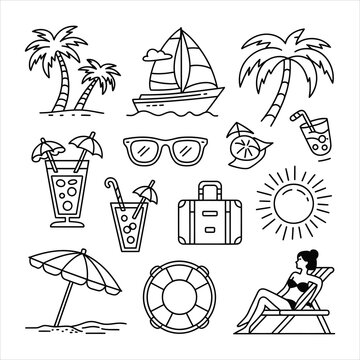 A curated collection of black outline icons depicting essential summer vacation and beach holiday elements