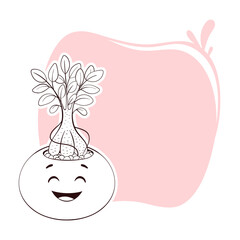 cute smiling Ficus microcarpa Ginseng in pot, friendly face with winking eyes, hand drawn outline over soft pastel pink, place for text