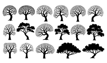Obraz premium Vintage Botanical Leafless Tree Vector Set Black Engraving Style Forest Silhouettes on White