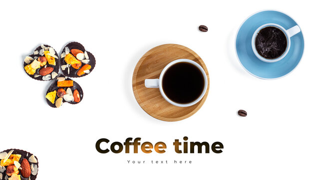 Coffee and raw chocolate on a white background. Long header banner format. Panorama website header banner. High quality photo
