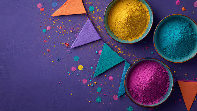 Holi Festival Background with Colorful Gulal Powder in Bowls, Festive Bunting Flags and Confetti on Purple Backdrop for Indian Spring Celebration.