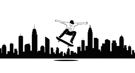 Skateboarder performing a trick in front of a city skyline silhouette.