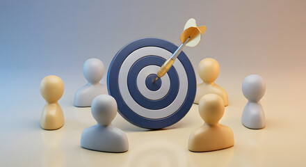 successful target marketing concept with gold dart hitting bullseye center surrounded by human figures representing customer segmentation audience reach and business goal achievement