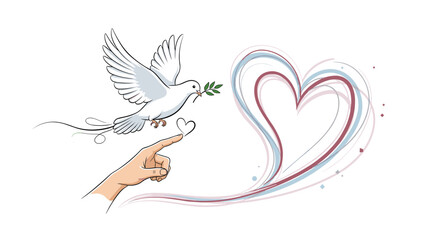 Naklejka premium Artistic peace and love illustration featuring a white dove with an olive branch and a hand pointing towards a heart.
