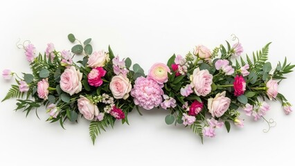 Elegant floral arrangement featuring pink and red roses and various green foliage
