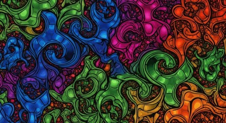 Seamless vintage floral pattern with abstract colorful flowers and ornate damask swirls on a black vector texture backdrop for elegant textile wallpaper design