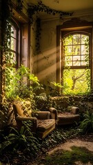 Abandoned Room Overgrown with Lush Greenery and Sunlight Beams.