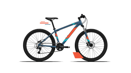 Fototapeta premium Modern mountain bike with a blue frame orange and teal accents and thick tires shown from a side profile on a white background.