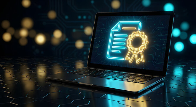 digital certificate and online diploma concept with glowing neon award ribbon icon on laptop screen for professional qualification verification and web based education achievement
