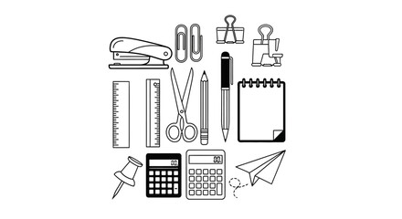 Neatly Arranged Office Stationery and Supplies Flat Lay on Isolated White Background