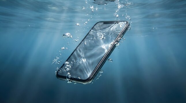 Waterproof smartphone submerged underwater with rising bubbles