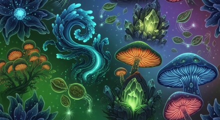 A seamless vector illustration of a colorful underwater world map and abstract nature pattern featuring blue sea water, fish, and light flower decorations