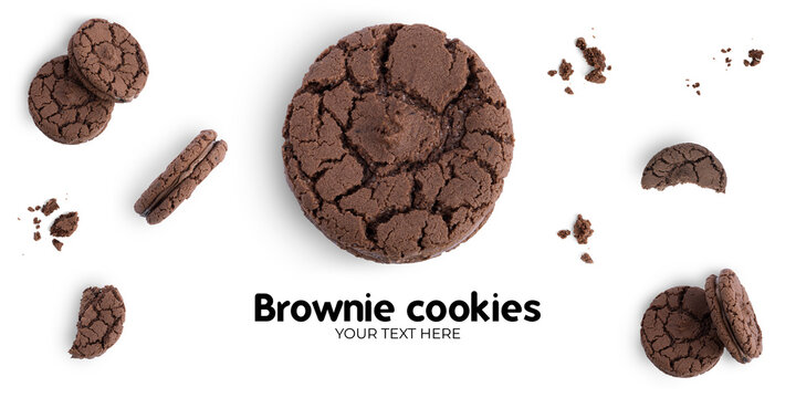 Chocolate brownie cookies with chocolate filling on a white background. Long header banner format. Panorama website header banner. High quality photo