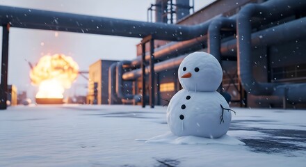 Snowman in Winter Industrial Area with Factory Background, Climate and Environment Concept